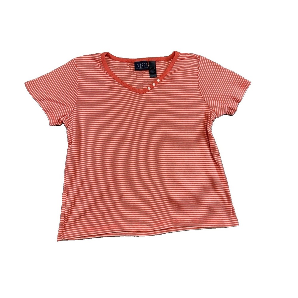 Crazy Horse Short Sleeve Coral & White Stripe Top Sz XL Stretch Nautical Preppy